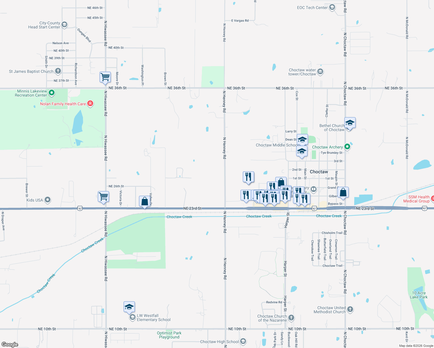 map of restaurants, bars, coffee shops, grocery stores, and more near 2813 N Henney Rd in Choctaw
