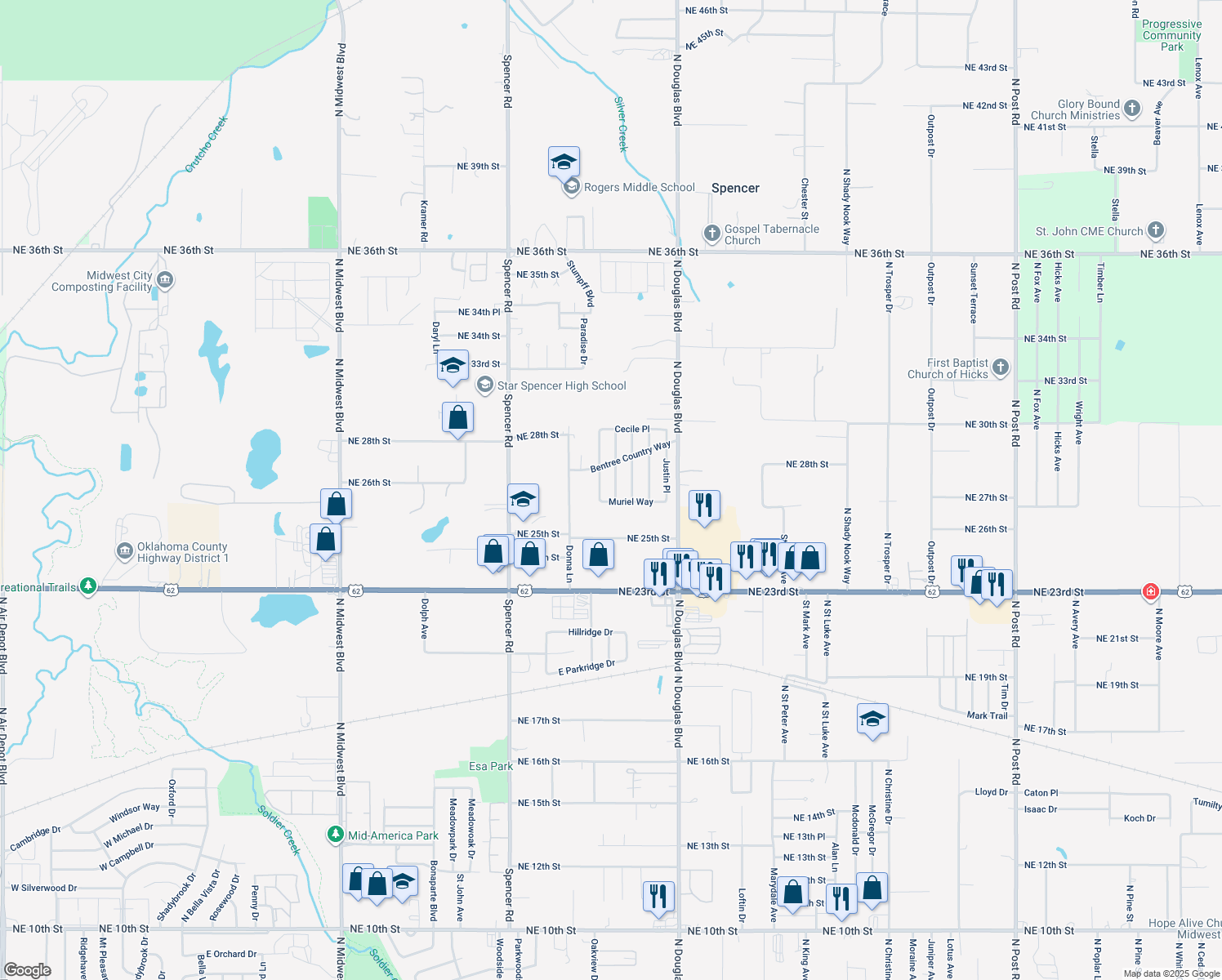 map of restaurants, bars, coffee shops, grocery stores, and more near 2716 Zachary Place in Spencer