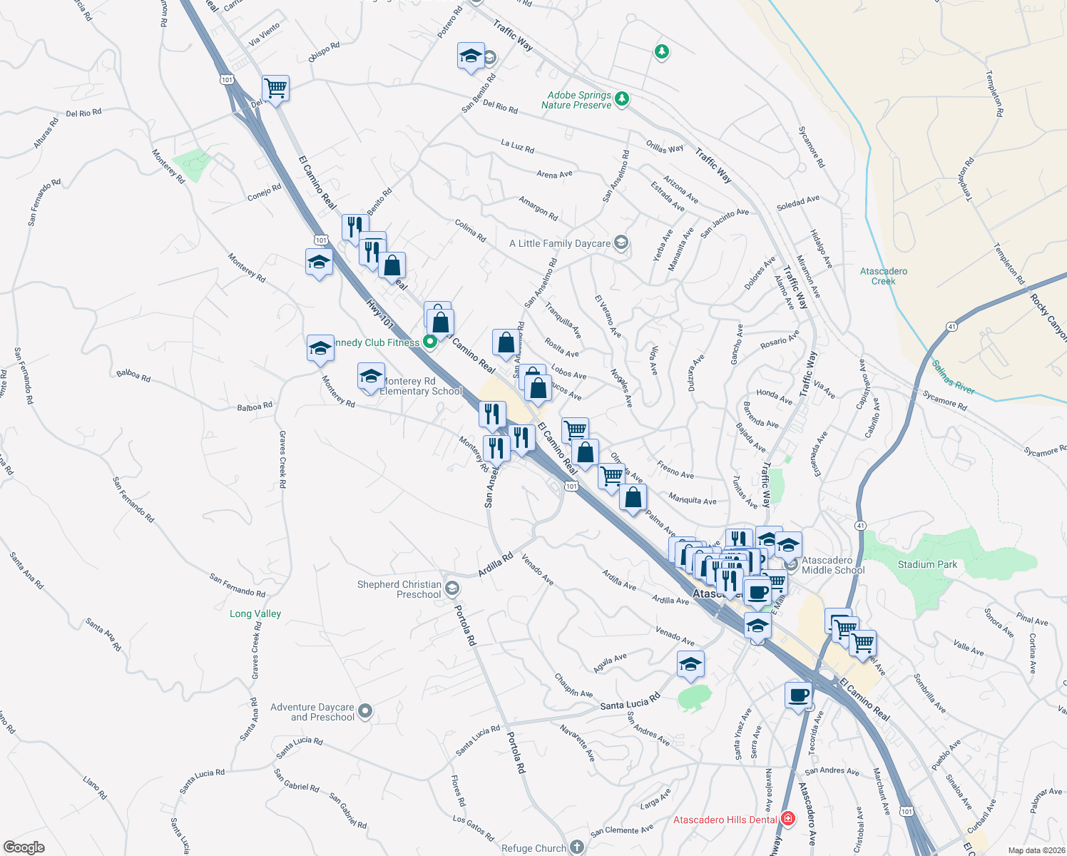 map of restaurants, bars, coffee shops, grocery stores, and more near 4450 El Camino Real in Atascadero