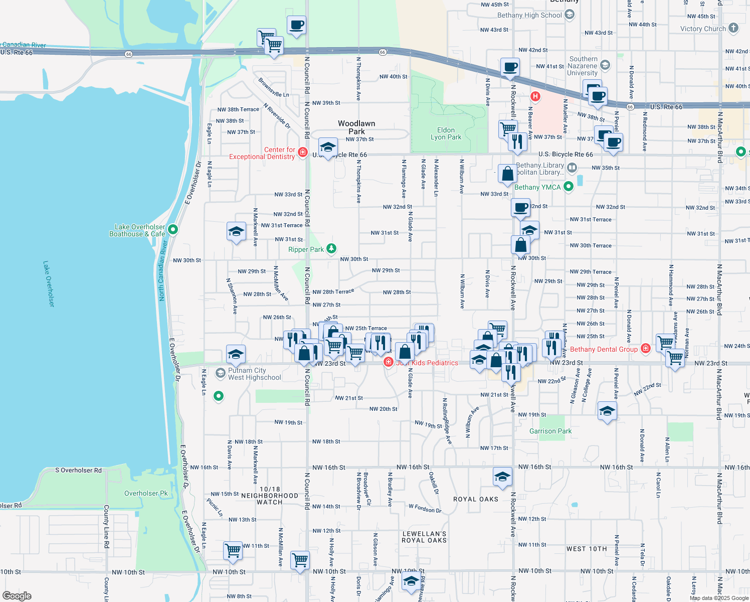 map of restaurants, bars, coffee shops, grocery stores, and more near 7625 Northwest 27th Street in Bethany