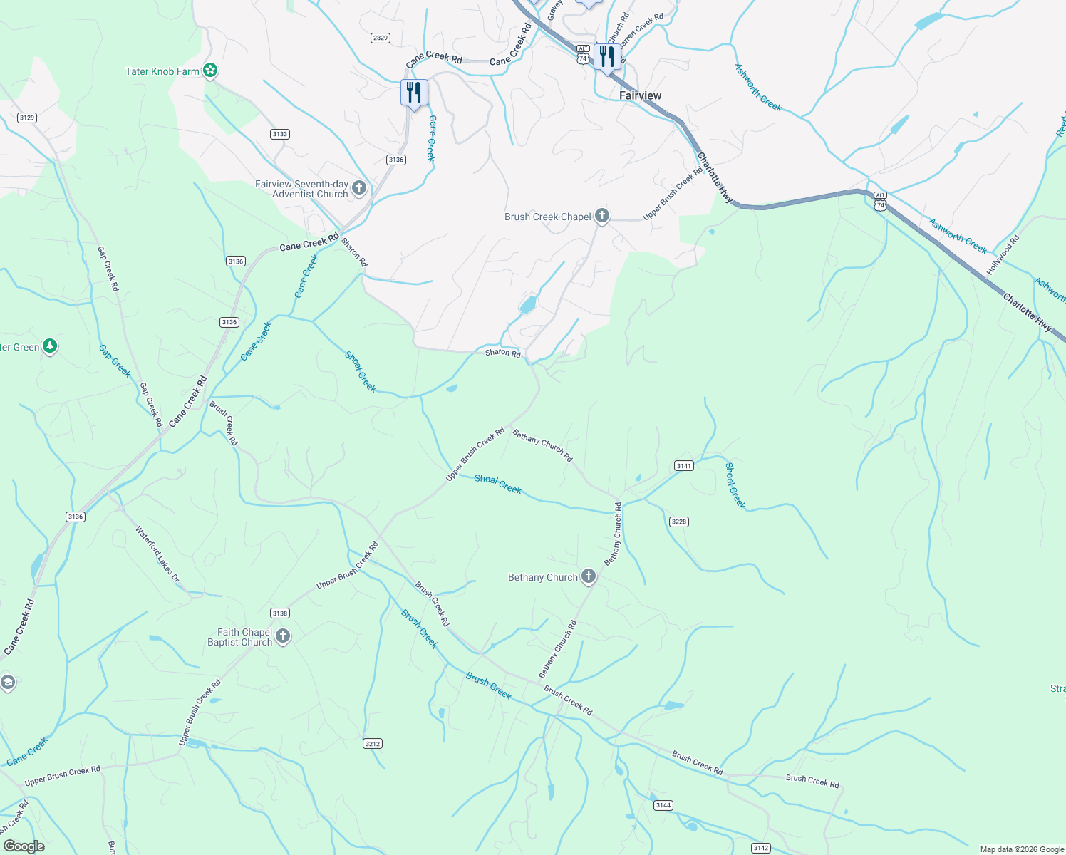 map of restaurants, bars, coffee shops, grocery stores, and more near 363 Bethany Church Road in Fairview