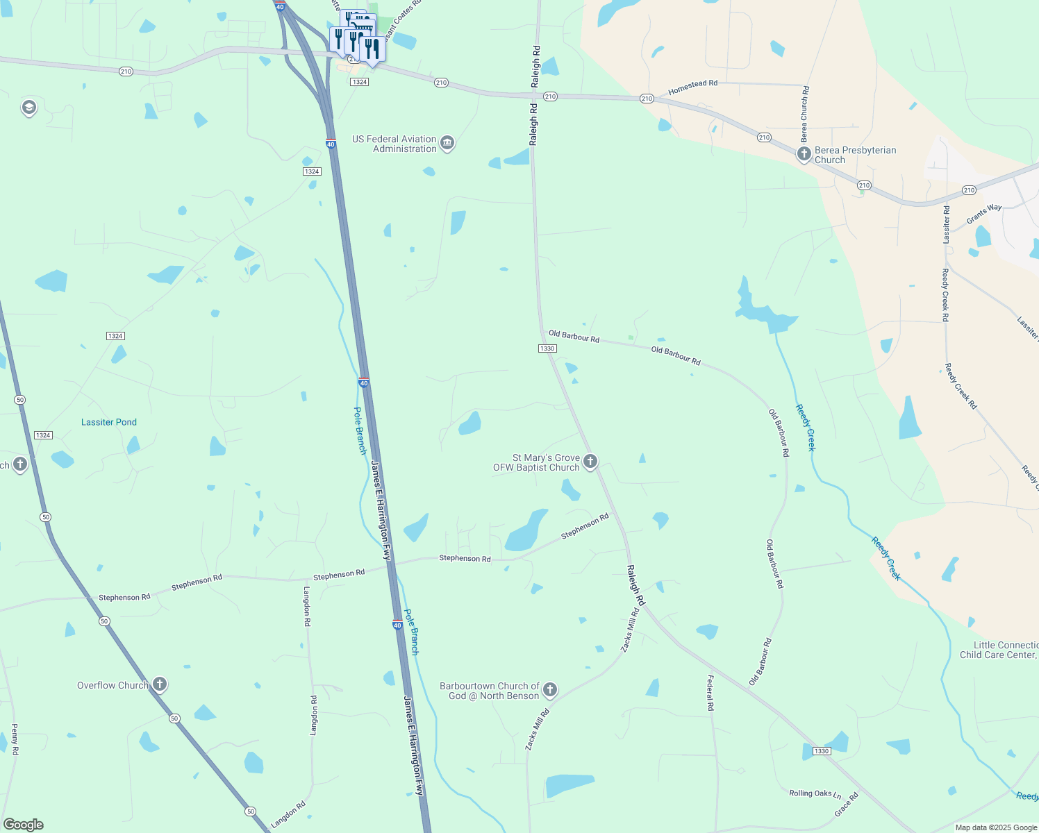 map of restaurants, bars, coffee shops, grocery stores, and more near 7736 Raleigh Rd in Benson