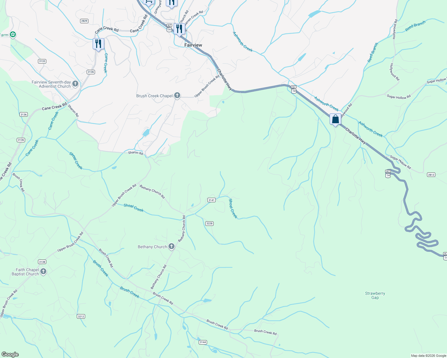 map of restaurants, bars, coffee shops, grocery stores, and more near 62 Fox Branch Road in Fairview