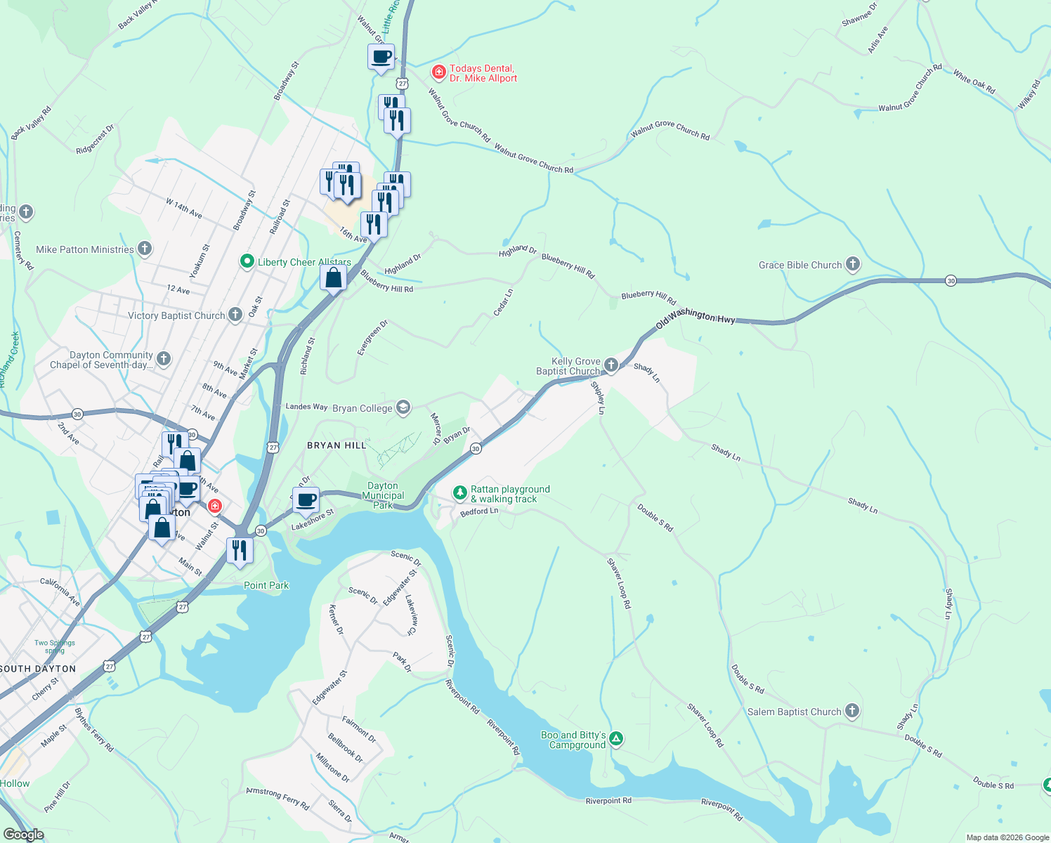 map of restaurants, bars, coffee shops, grocery stores, and more near 1520 Old Washington Hwy in Dayton