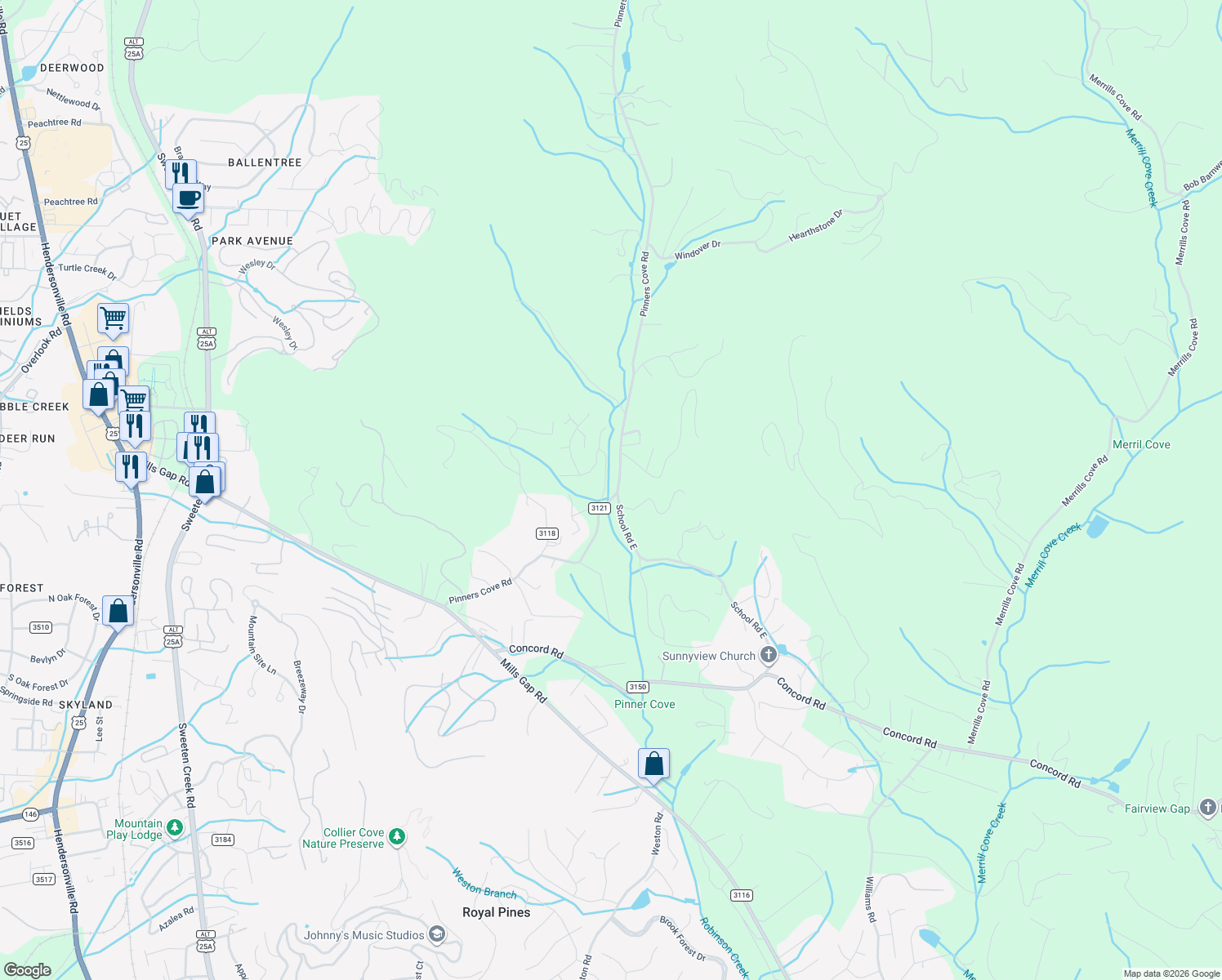 map of restaurants, bars, coffee shops, grocery stores, and more near 3 Sandra Drive in Asheville