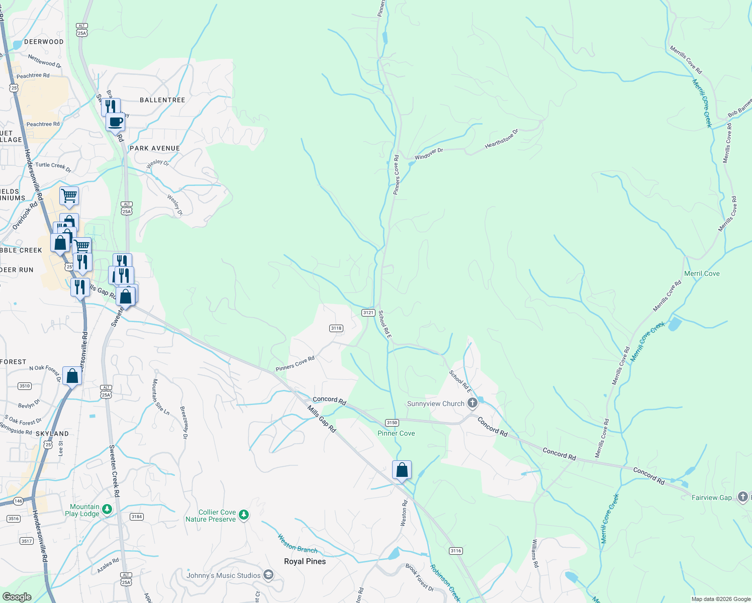 map of restaurants, bars, coffee shops, grocery stores, and more near 3 Sandra Drive in Asheville