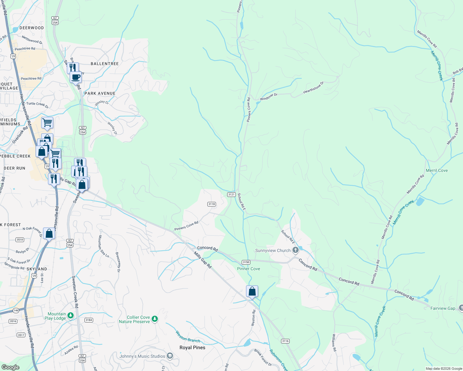 map of restaurants, bars, coffee shops, grocery stores, and more near 3 Sandra Drive in Asheville