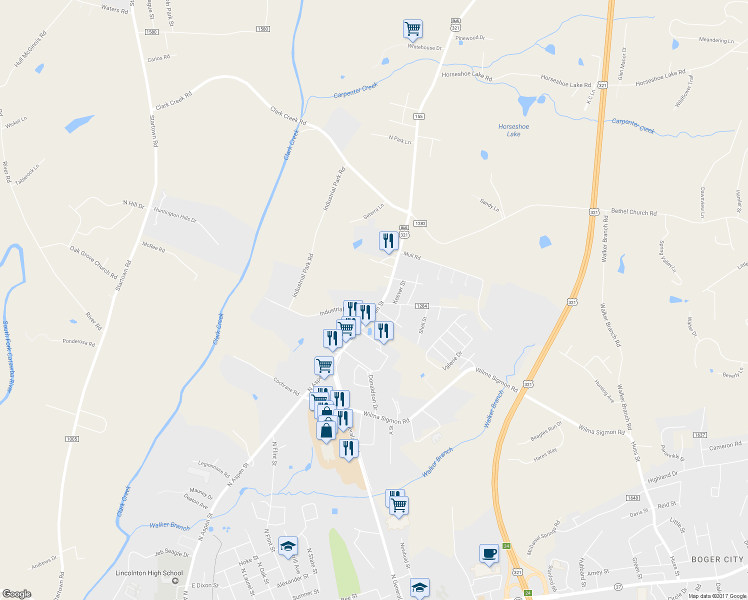 map of restaurants, bars, coffee shops, grocery stores, and more near 2103 North Aspen Street in Lincolnton