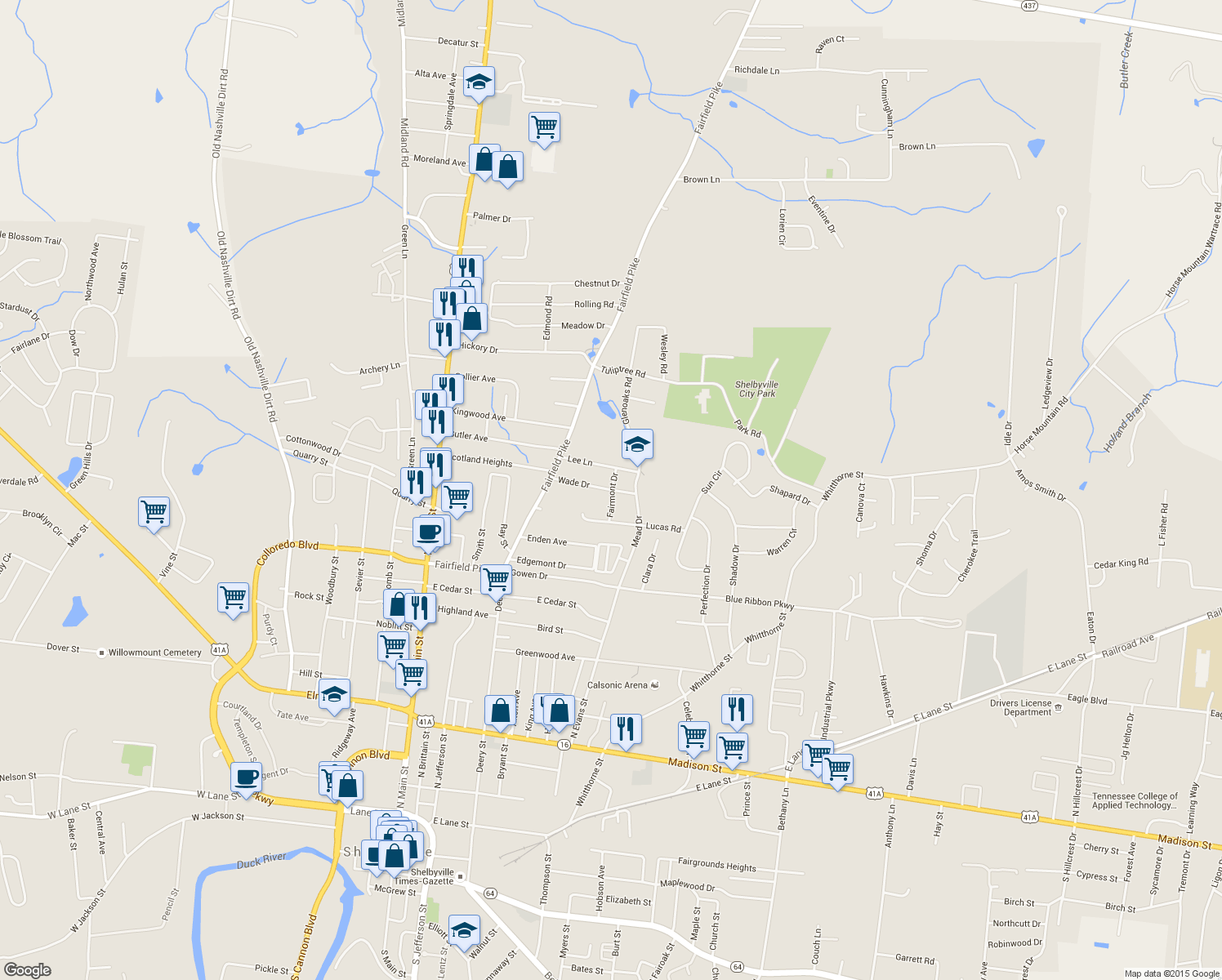 map of restaurants, bars, coffee shops, grocery stores, and more near 1001 Fairmont Drive in Shelbyville
