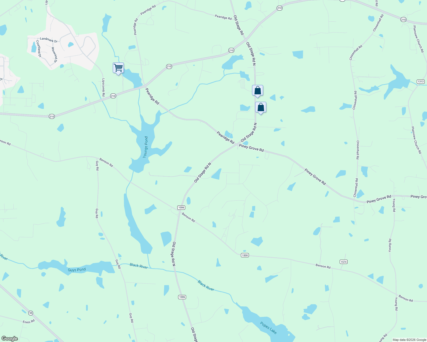 map of restaurants, bars, coffee shops, grocery stores, and more near 6366 Old Stage Road North in Angier