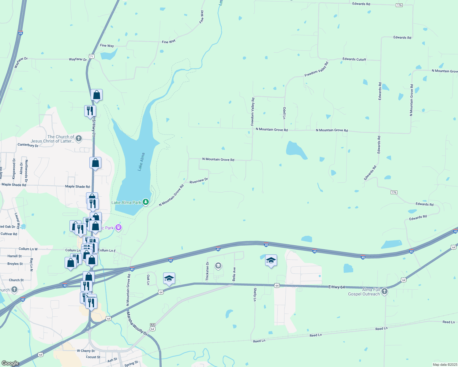 map of restaurants, bars, coffee shops, grocery stores, and more near 1301 Poynor in Alma