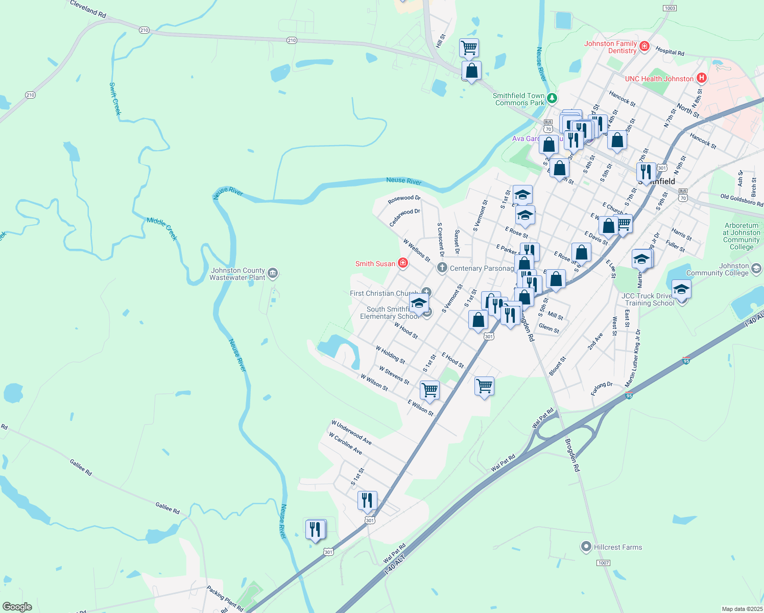 map of restaurants, bars, coffee shops, grocery stores, and more near 1115 Chestnut Drive in Smithfield