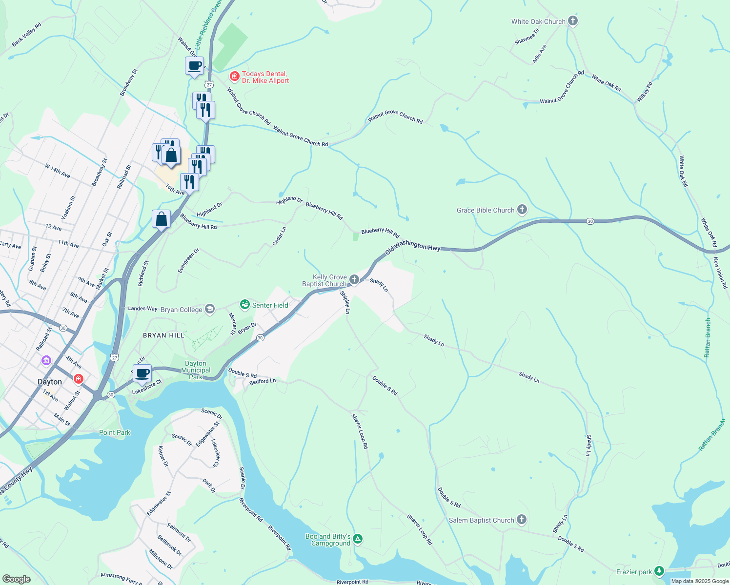 map of restaurants, bars, coffee shops, grocery stores, and more near 142 Shady Lane in Dayton