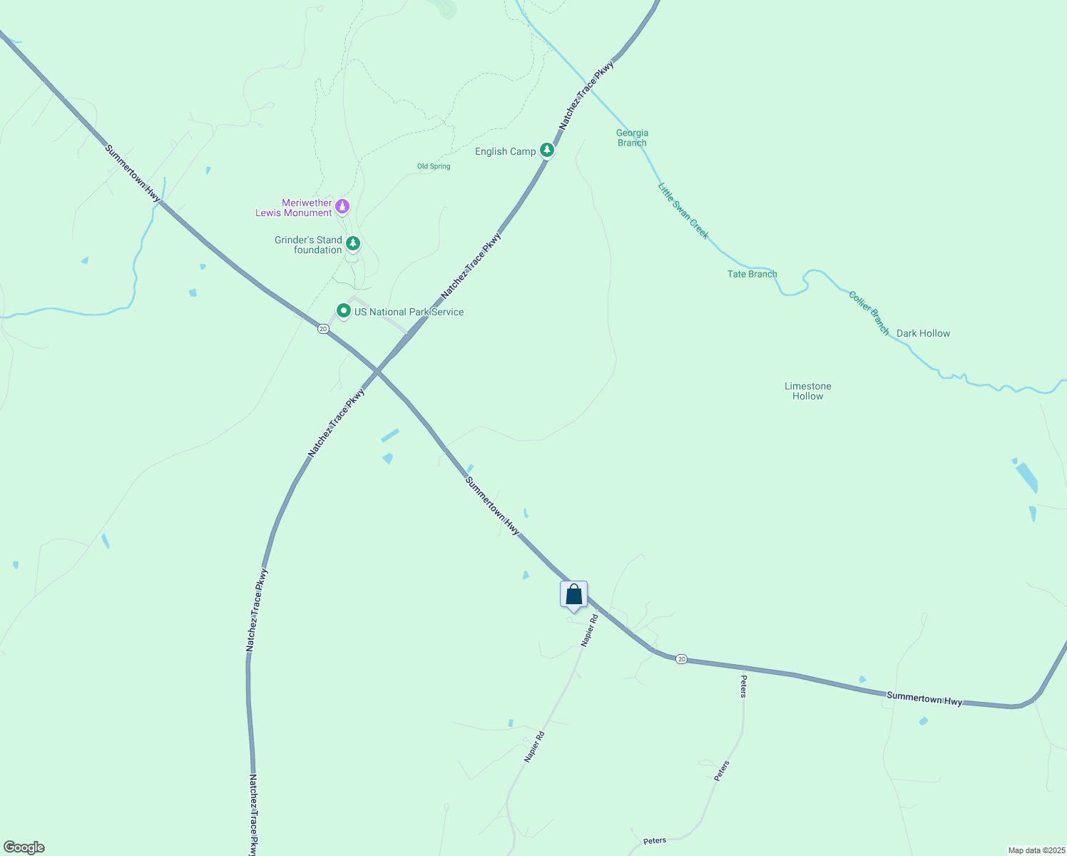 map of restaurants, bars, coffee shops, grocery stores, and more near 2645 Summertown Highway in Hohenwald