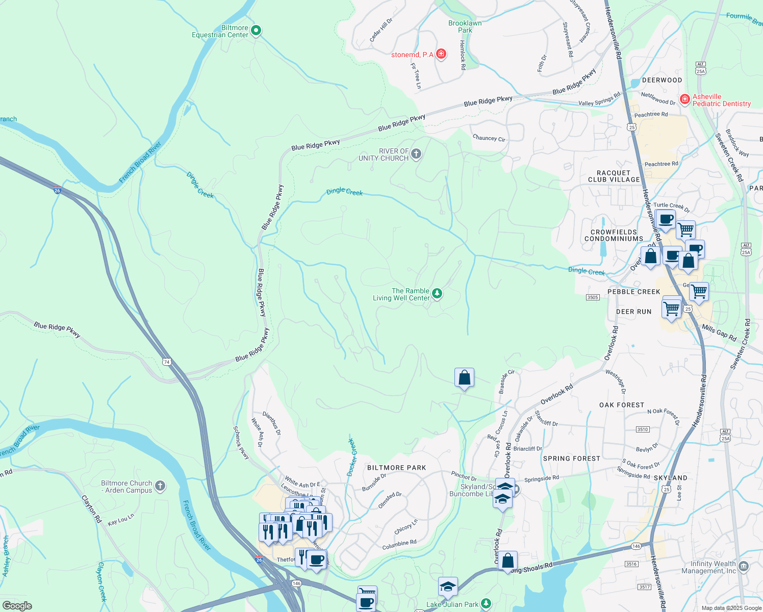 map of restaurants, bars, coffee shops, grocery stores, and more near Ramble Way in Asheville