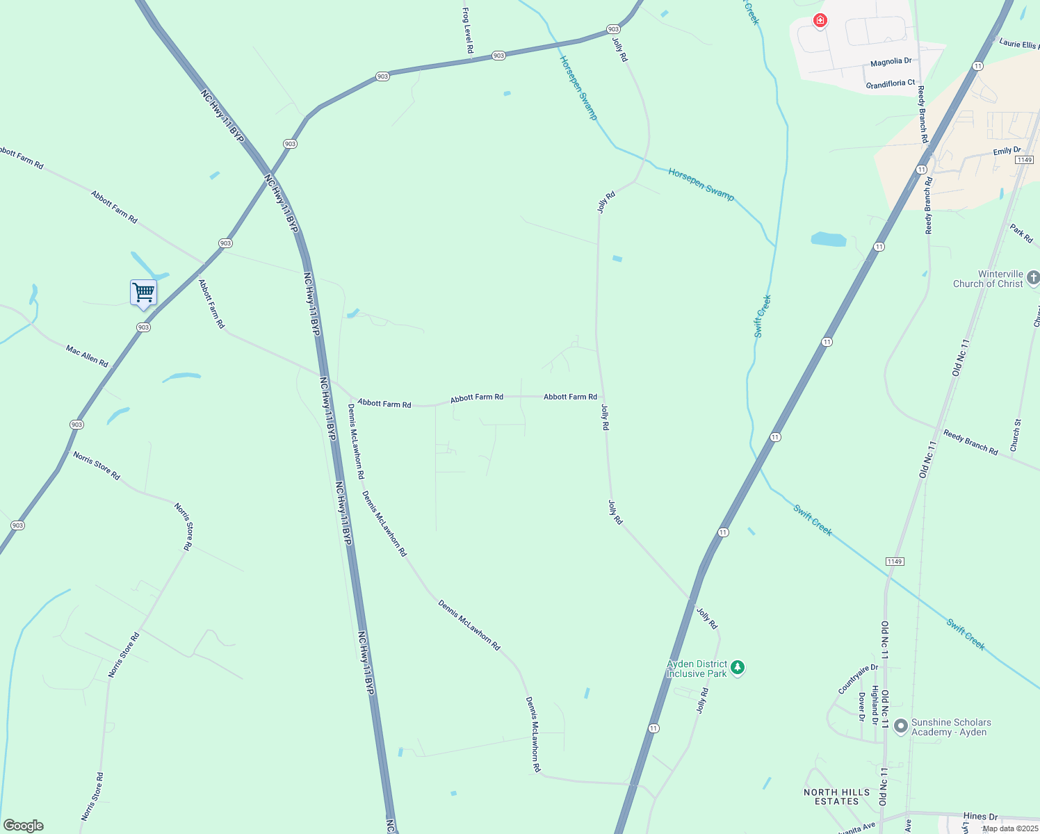 map of restaurants, bars, coffee shops, grocery stores, and more near 3464 Tobba Court in Ayden