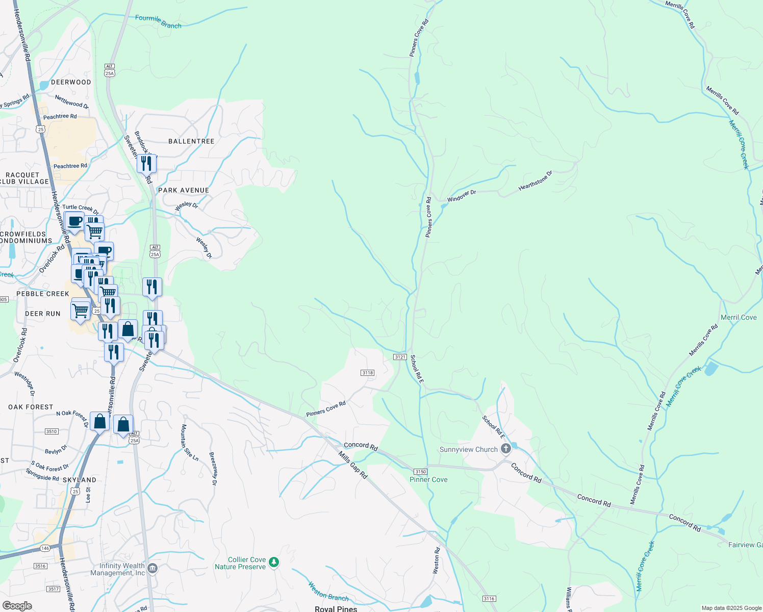 map of restaurants, bars, coffee shops, grocery stores, and more near 36 Jean Drive in Asheville