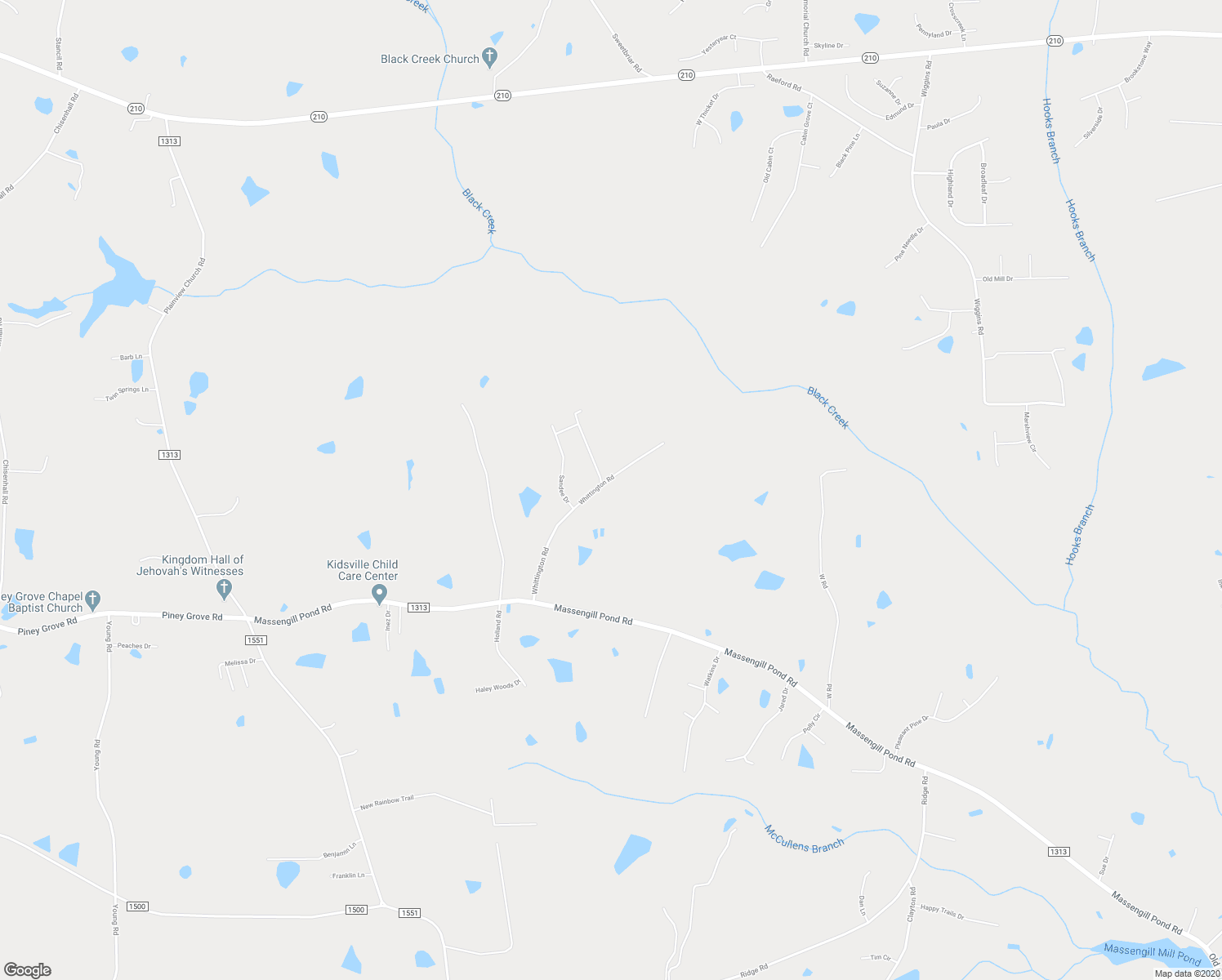 map of restaurants, bars, coffee shops, grocery stores, and more near 360 Whittington Road in Angier