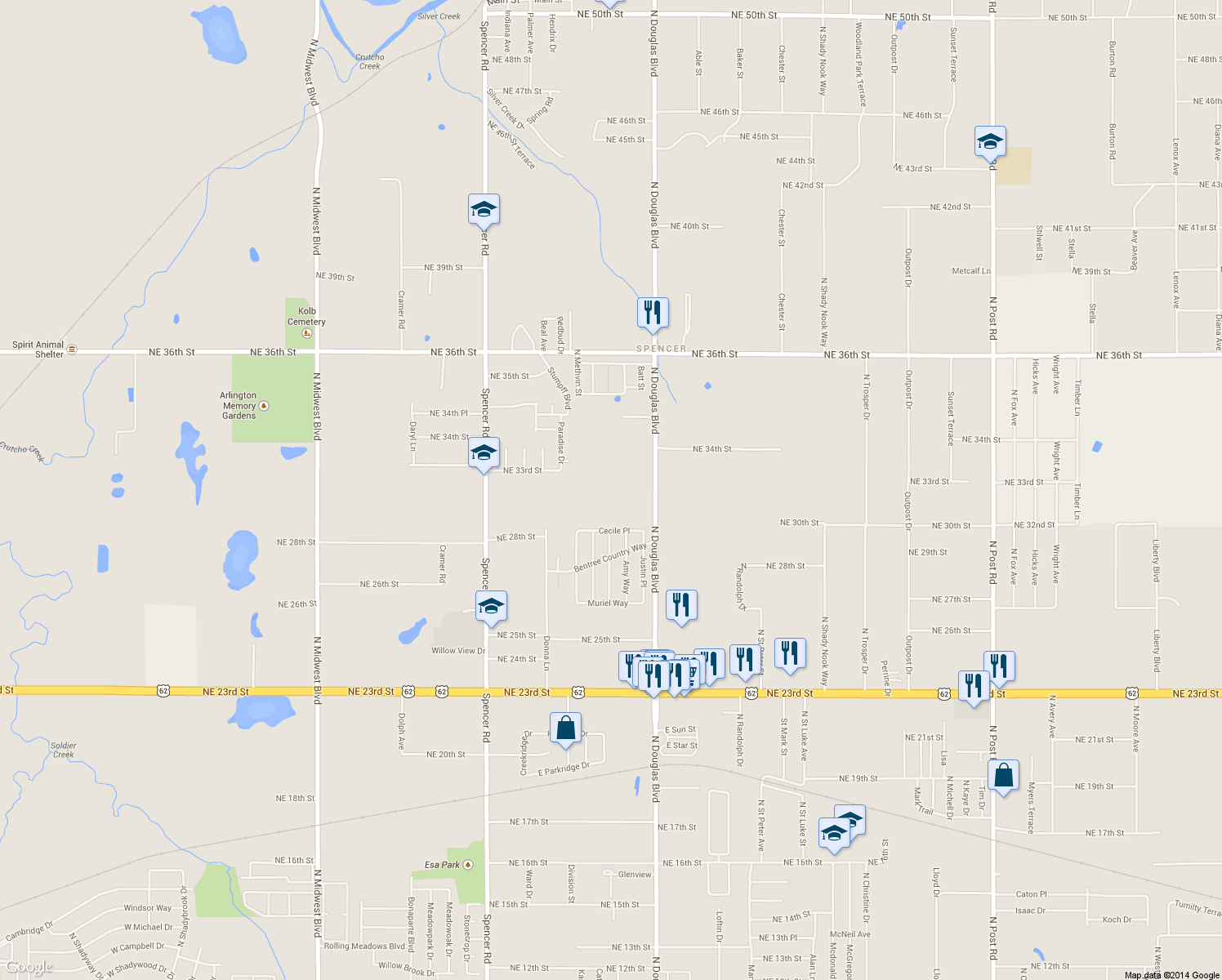 map of restaurants, bars, coffee shops, grocery stores, and more near 3135 North Douglas Boulevard in Spencer