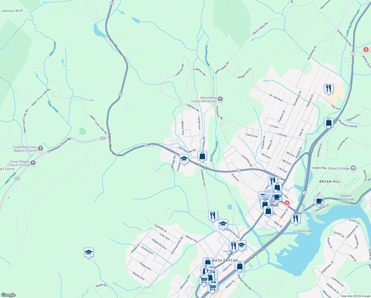 map of restaurants, bars, coffee shops, grocery stores, and more near 286 Old Pikeville Rd in Dayton