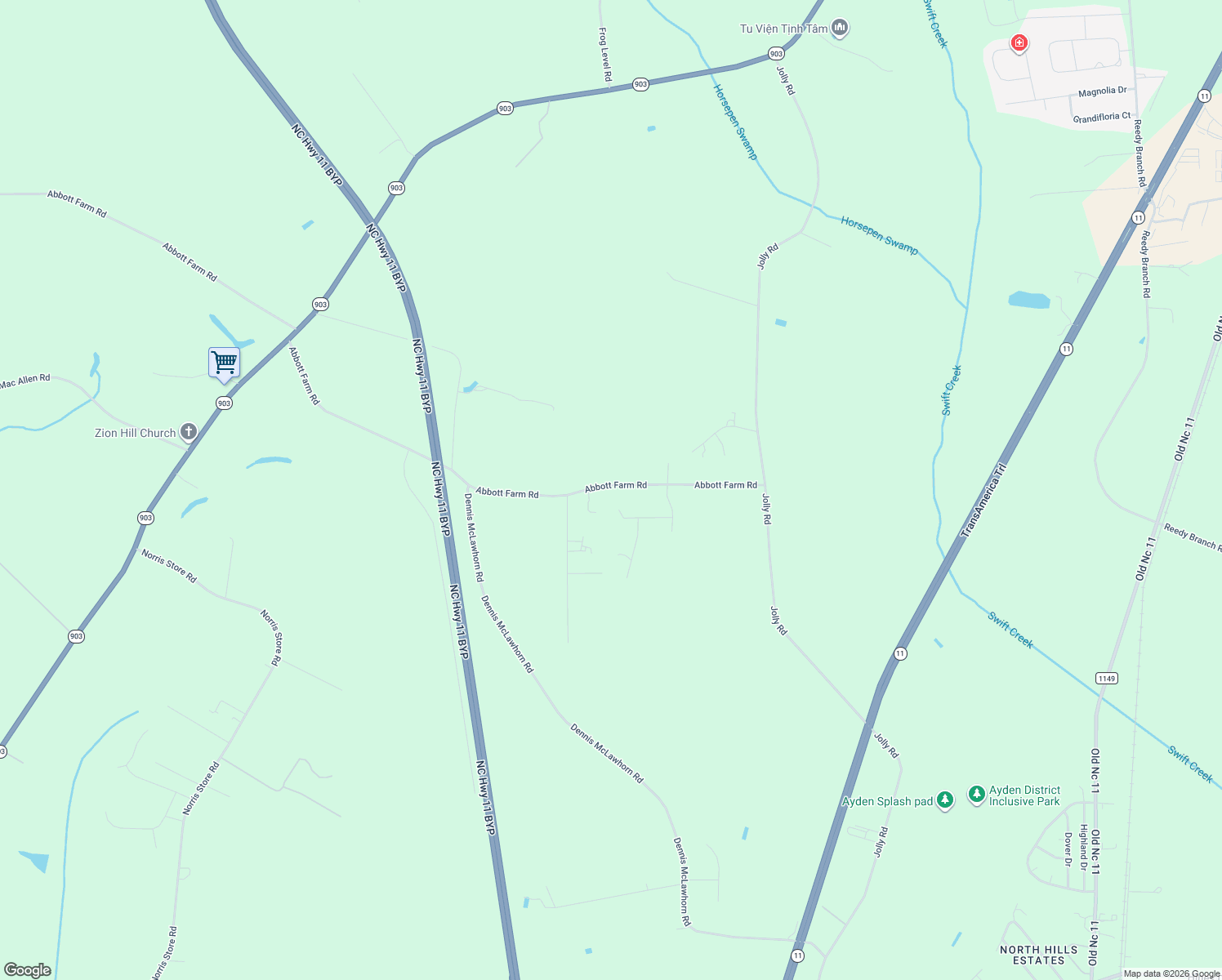 map of restaurants, bars, coffee shops, grocery stores, and more near 485 Abbott Farm Road in Ayden