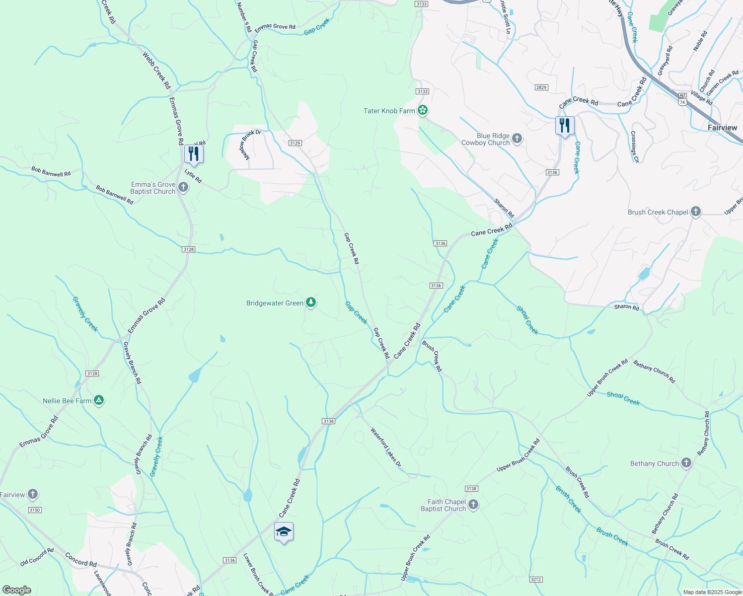 map of restaurants, bars, coffee shops, grocery stores, and more near 25 Old Gap Creek Road in Fairview