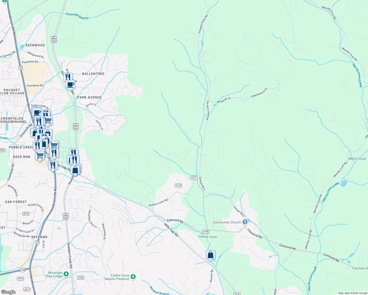 map of restaurants, bars, coffee shops, grocery stores, and more near 36 Jean Drive in Asheville