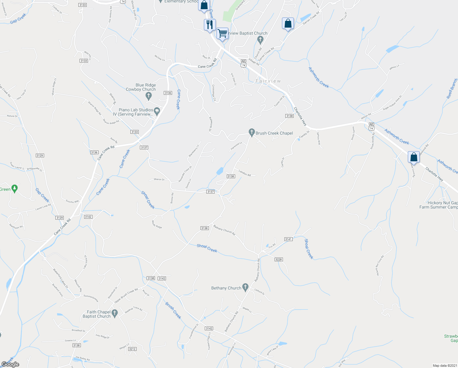 map of restaurants, bars, coffee shops, grocery stores, and more near 1213 Upper Brush Creek Road in Fairview