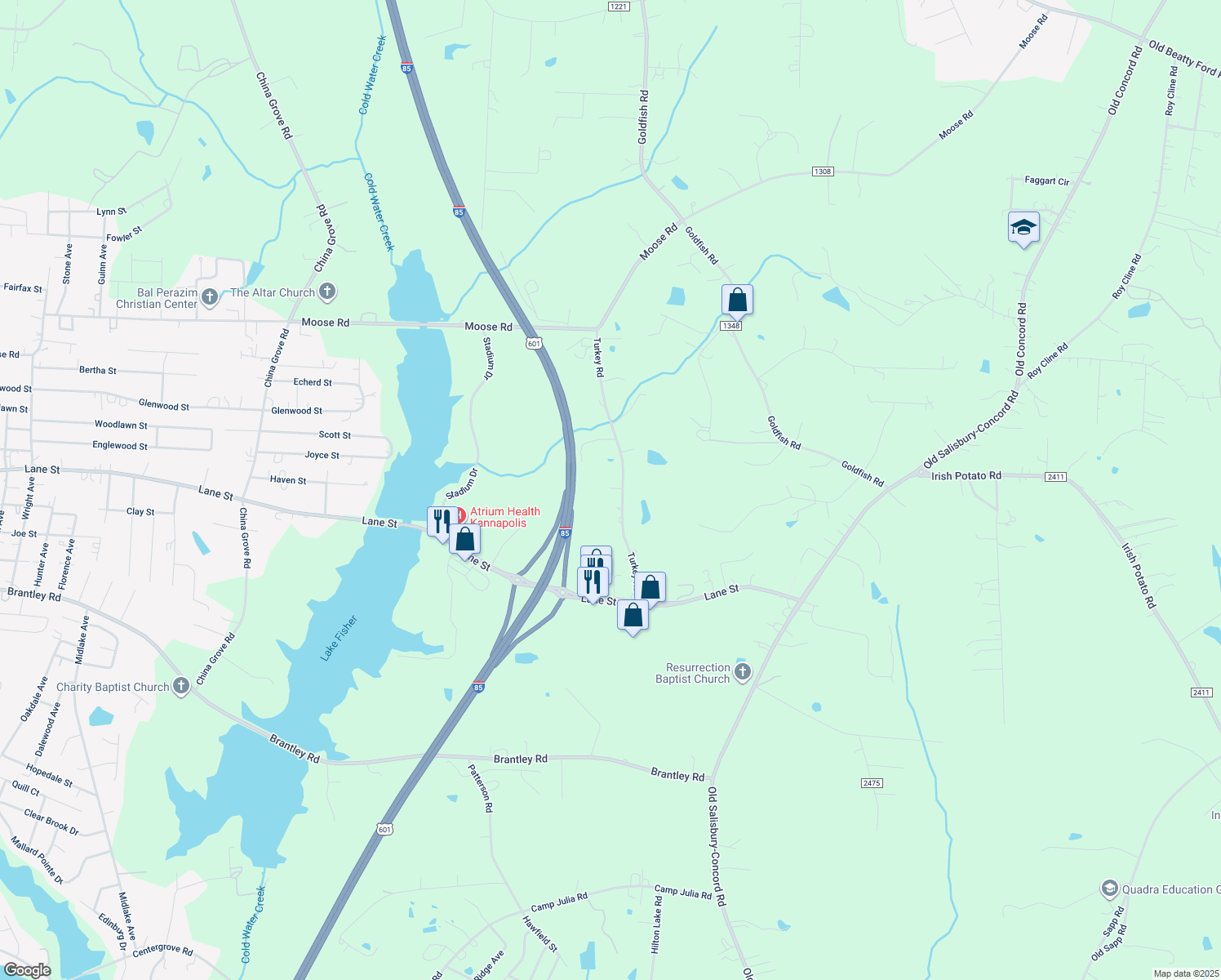 map of restaurants, bars, coffee shops, grocery stores, and more near 6225 Turkey Road in Kannapolis