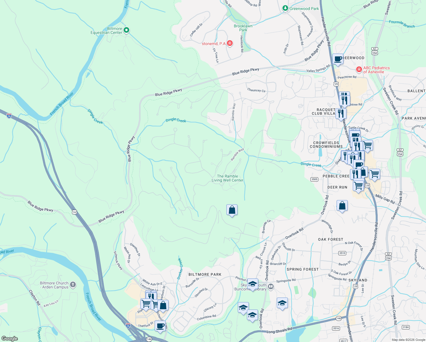 map of restaurants, bars, coffee shops, grocery stores, and more near 8 Burnham Way in Asheville