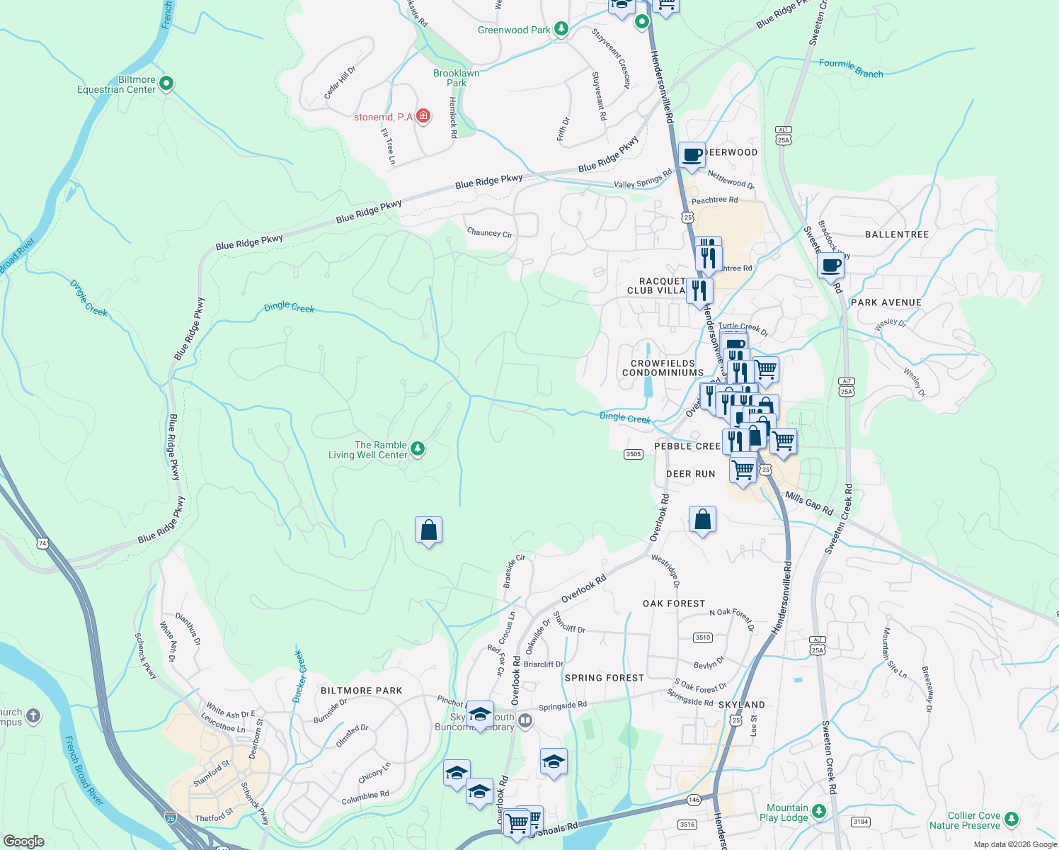 map of restaurants, bars, coffee shops, grocery stores, and more near 353 Dingle Creek Lane in Asheville