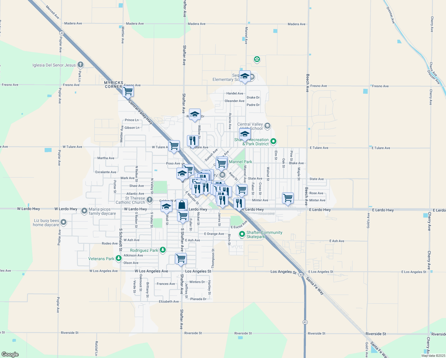 map of restaurants, bars, coffee shops, grocery stores, and more near 548 Walker Street in Shafter