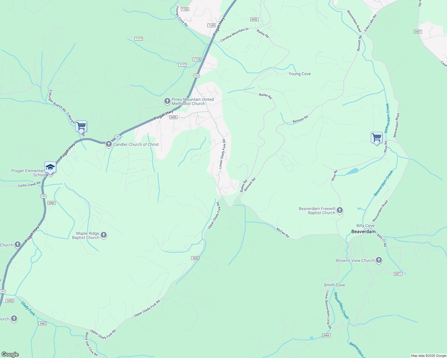 map of restaurants, bars, coffee shops, grocery stores, and more near 177 Lower Glady Fork Road in Candler