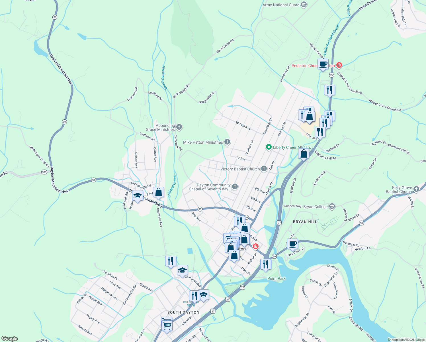 map of restaurants, bars, coffee shops, grocery stores, and more near 121 Carty Avenue in Dayton