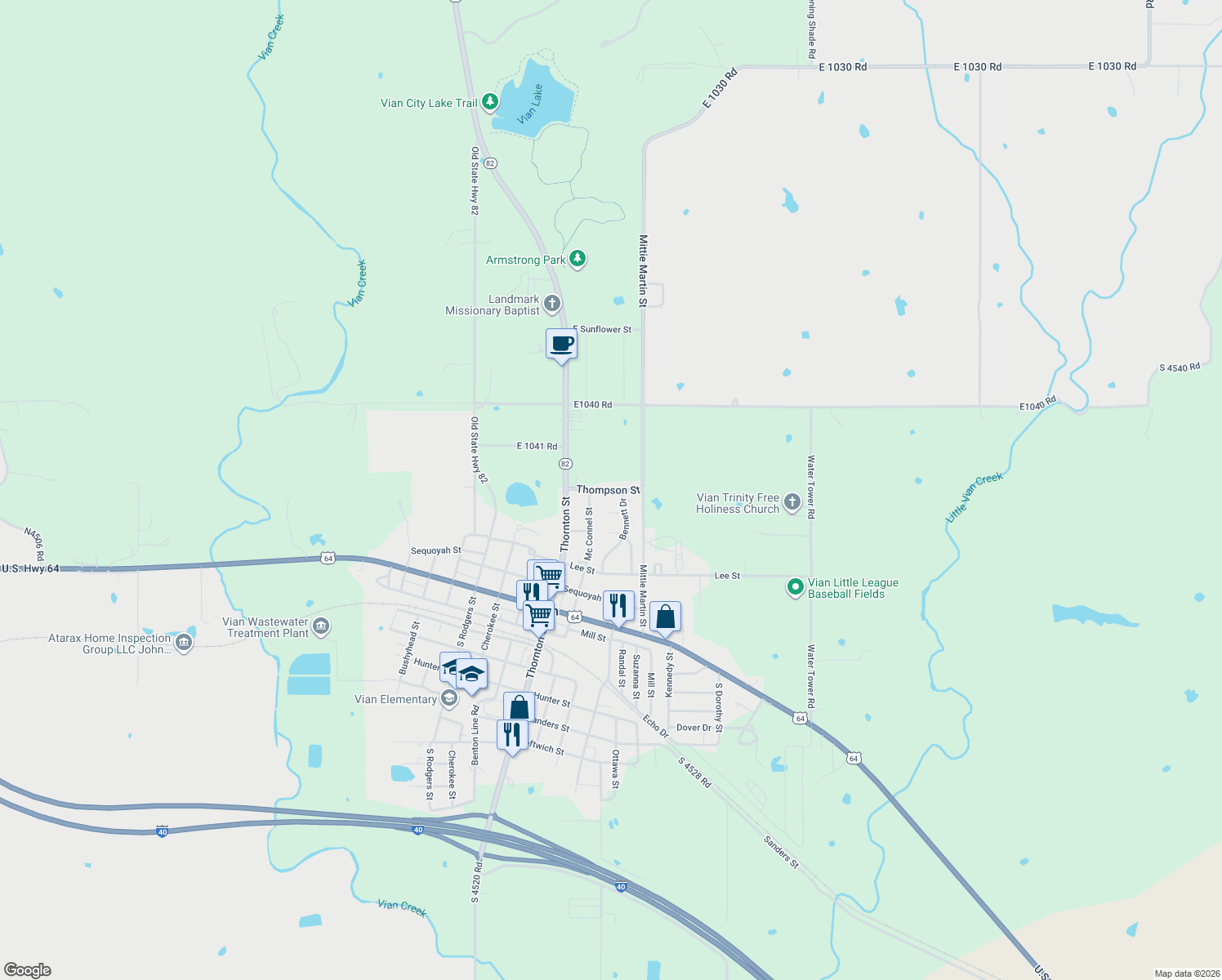 map of restaurants, bars, coffee shops, grocery stores, and more near Dwight Mission Road in Vian