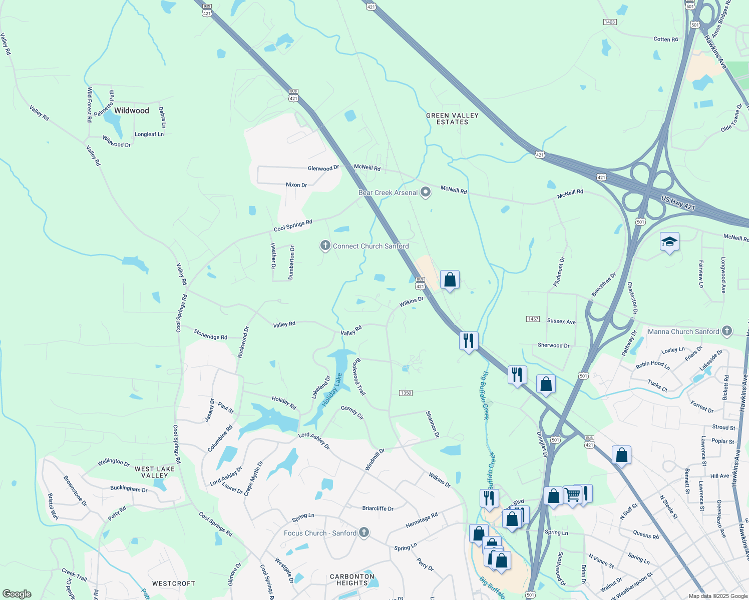 map of restaurants, bars, coffee shops, grocery stores, and more near 1204 Radcliff Drive in Sanford