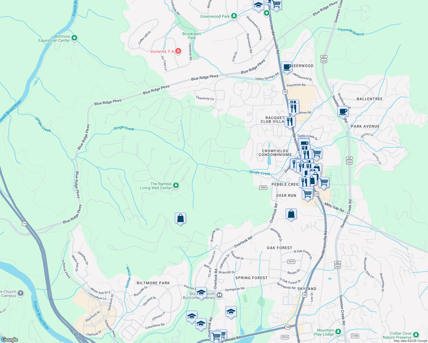 map of restaurants, bars, coffee shops, grocery stores, and more near 353 Dingle Creek Lane in Asheville