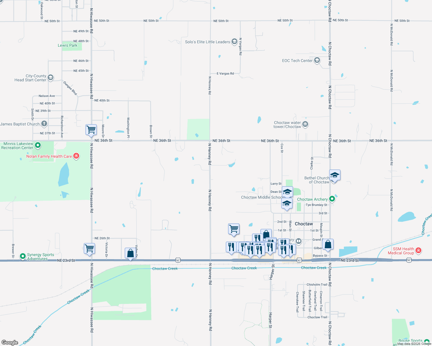 map of restaurants, bars, coffee shops, grocery stores, and more near 3352 N Henney Rd in Choctaw