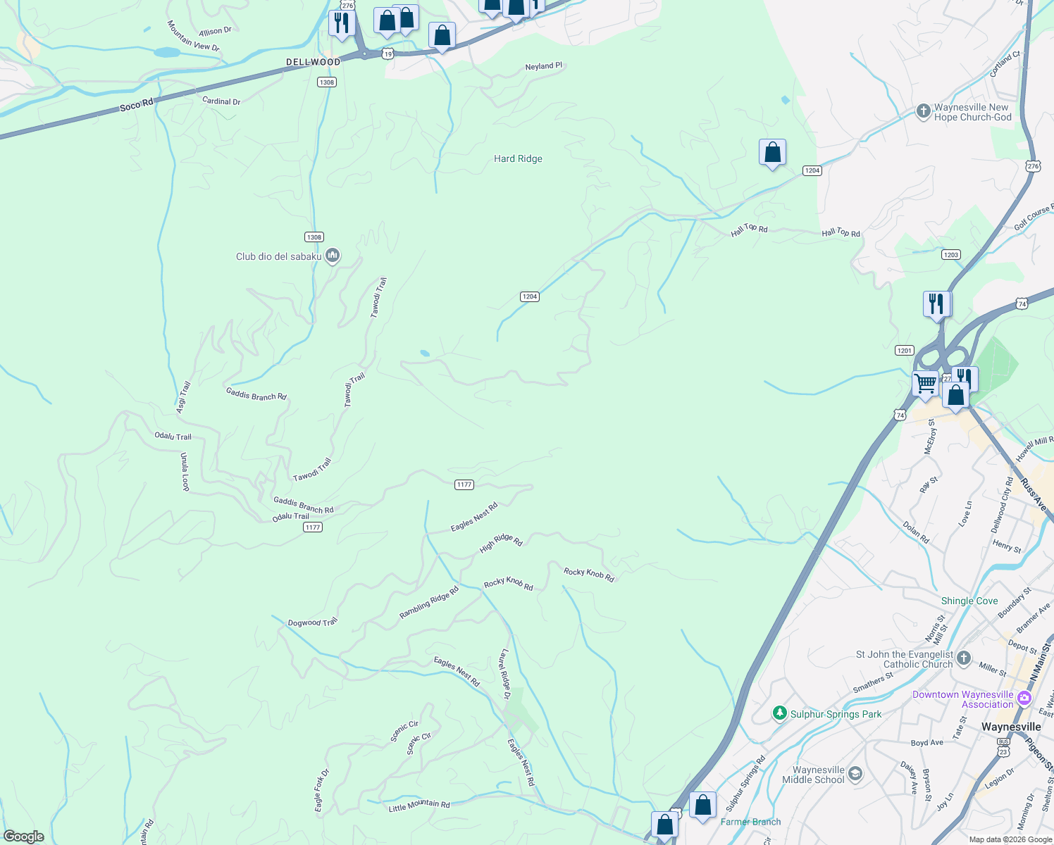 map of restaurants, bars, coffee shops, grocery stores, and more near 204 Staymon Road in Waynesville