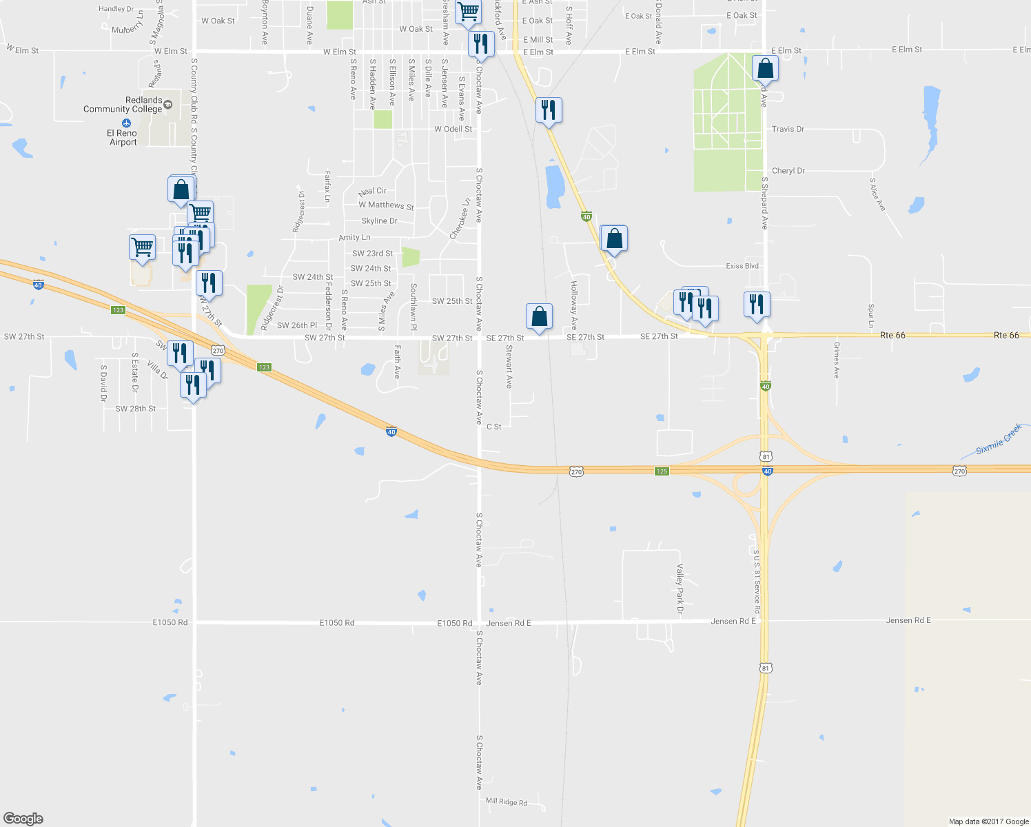 map of restaurants, bars, coffee shops, grocery stores, and more near 3103 Stewart Avenue in El Reno