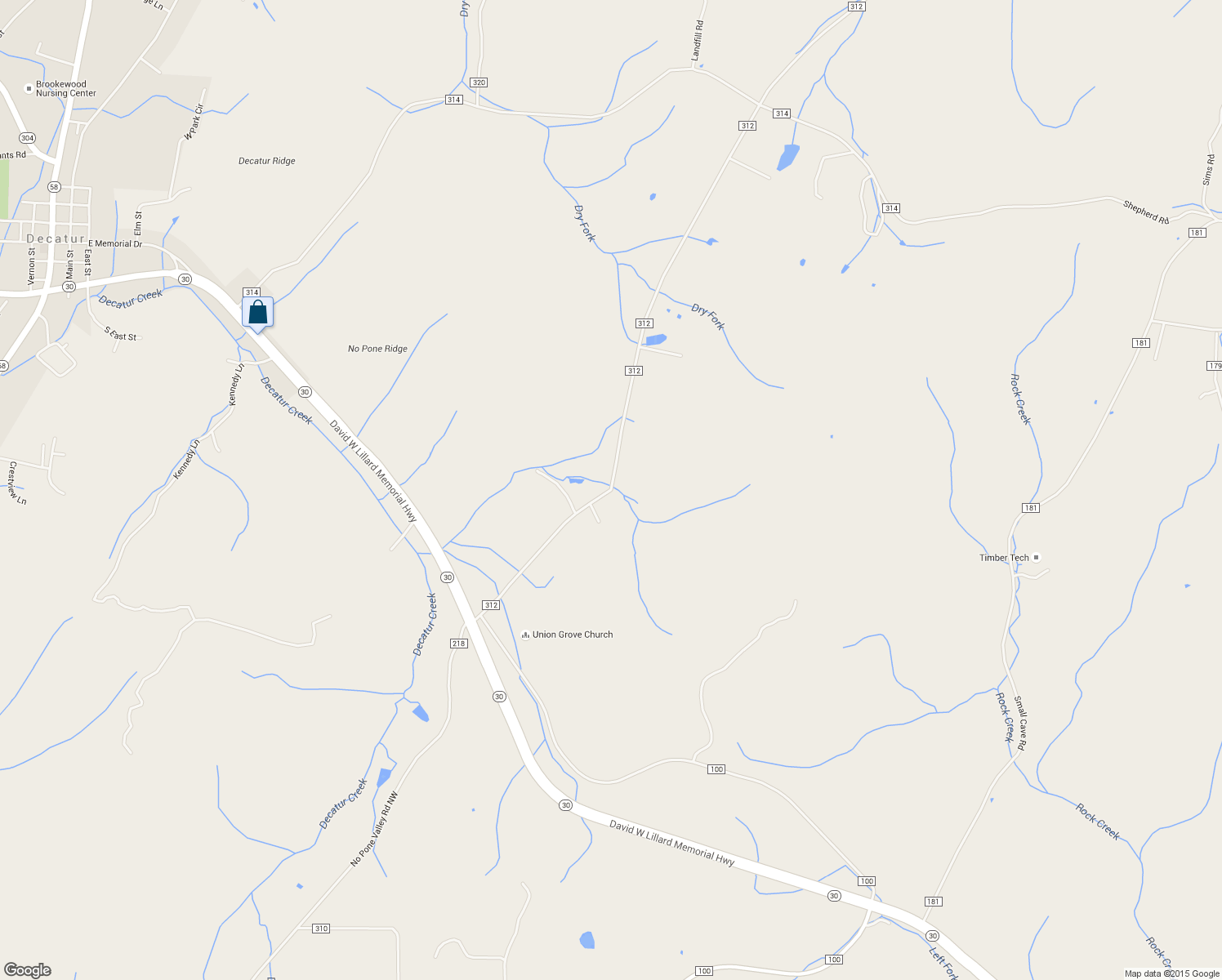 map of restaurants, bars, coffee shops, grocery stores, and more near No Pone Valley Road Northwest in Decatur