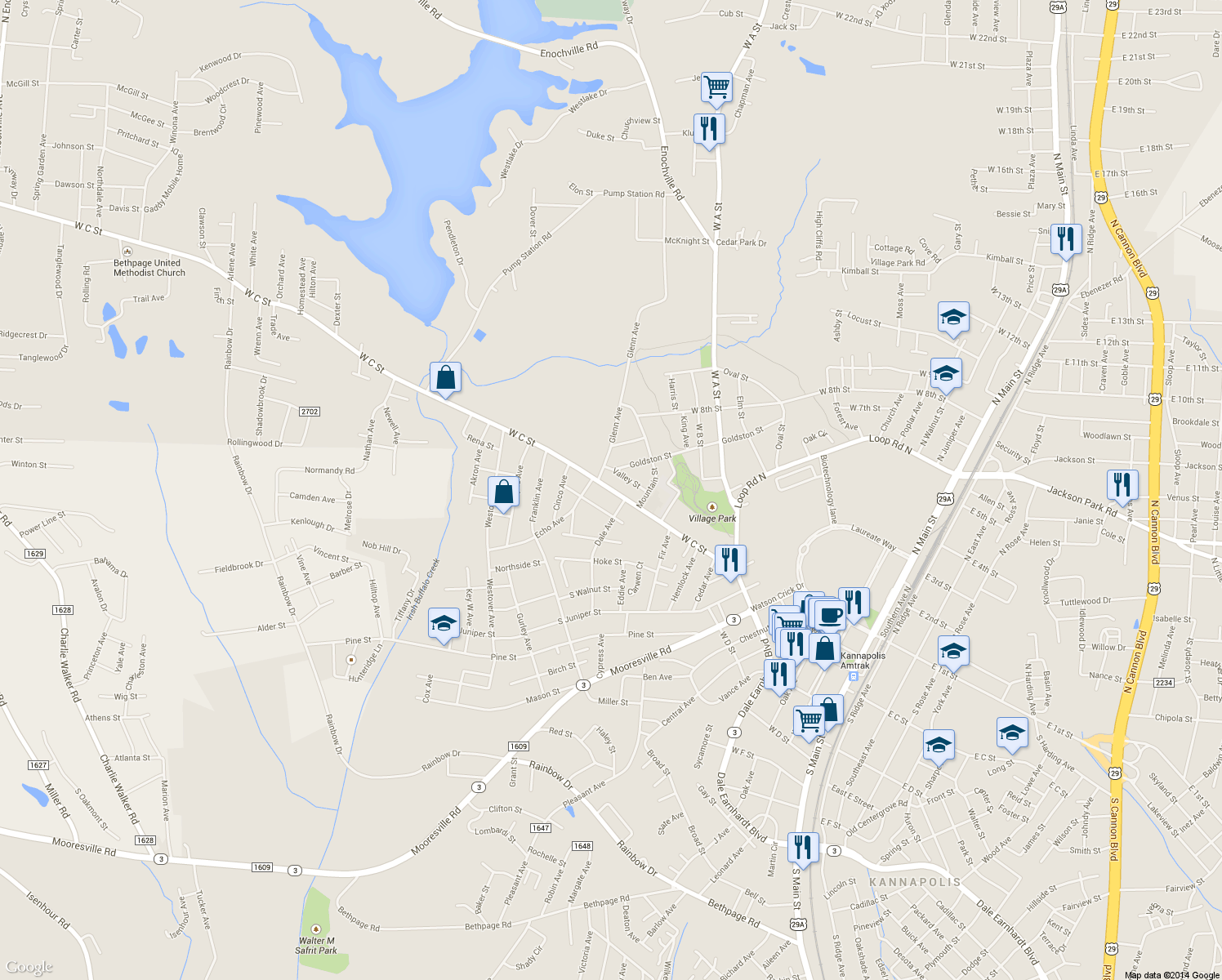 map of restaurants, bars, coffee shops, grocery stores, and more near 1017 West C Street in Kannapolis