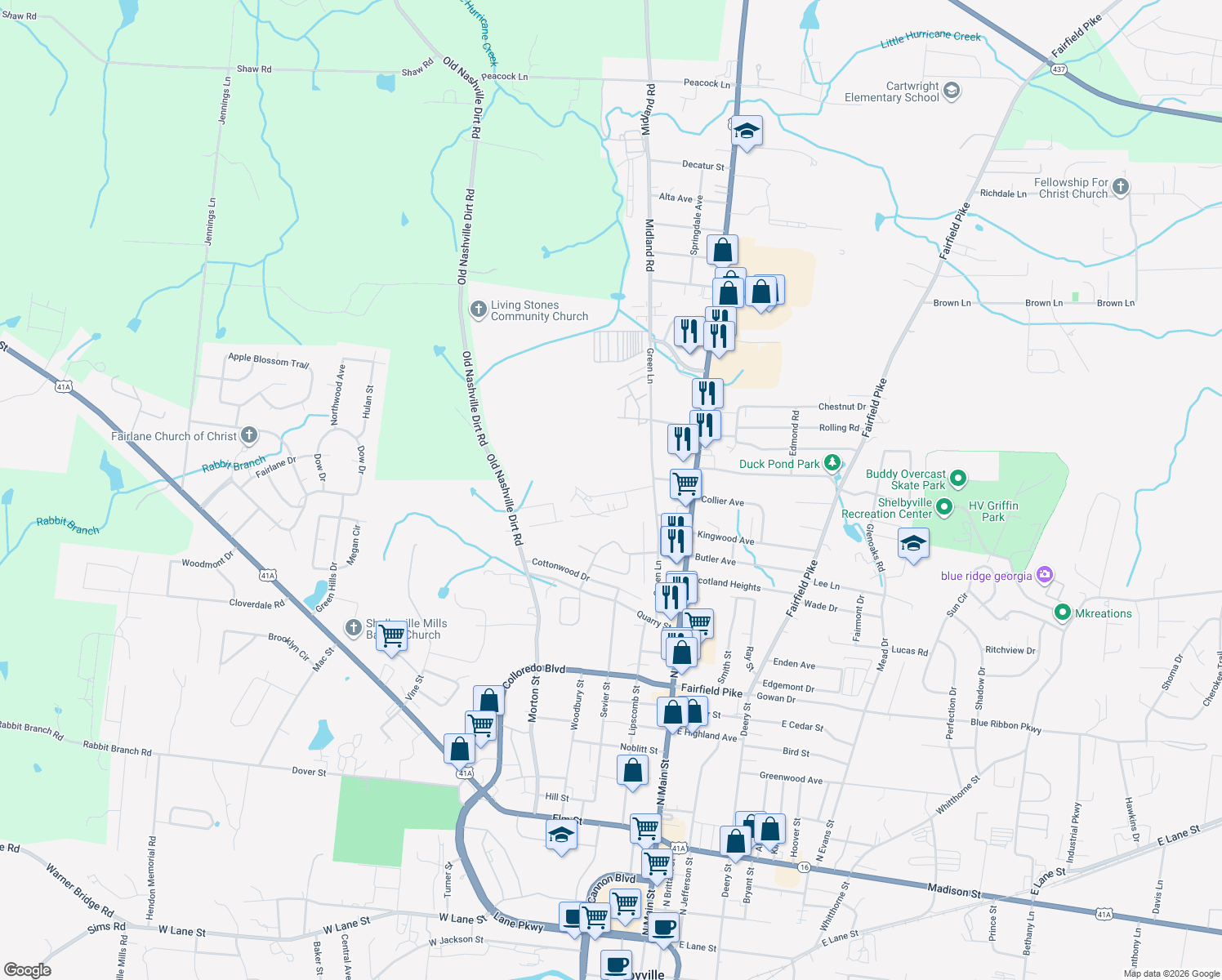 map of restaurants, bars, coffee shops, grocery stores, and more near 204 Archery Lane in Shelbyville
