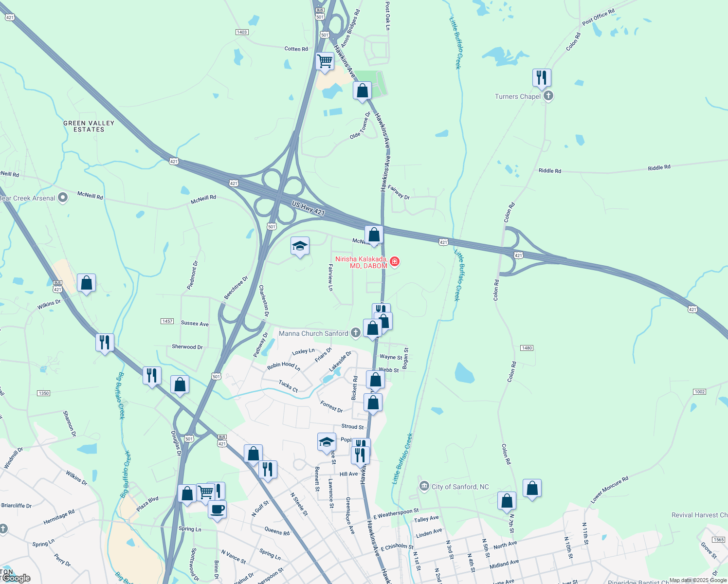 map of restaurants, bars, coffee shops, grocery stores, and more near 217 Meridian Crossing in Sanford