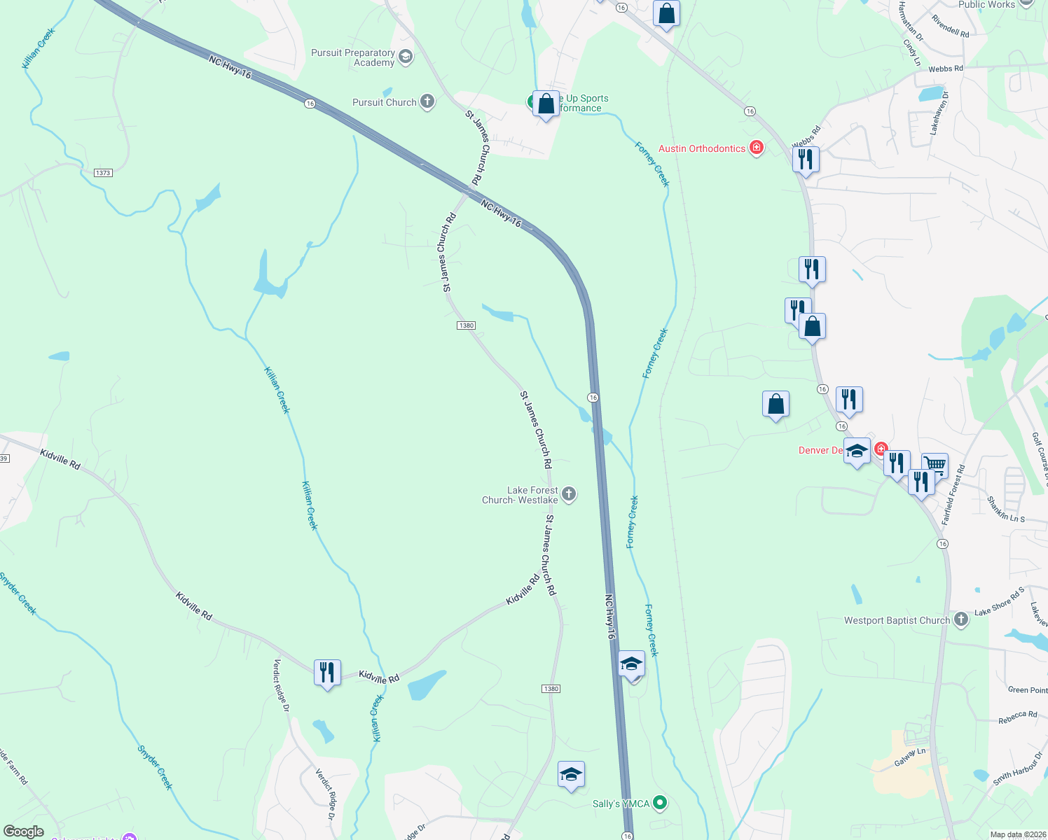 map of restaurants, bars, coffee shops, grocery stores, and more near 2471 Saint James Church Road in Denver