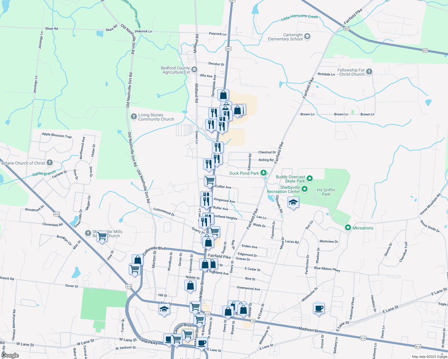 map of restaurants, bars, coffee shops, grocery stores, and more near 118 Hickory Drive in Shelbyville