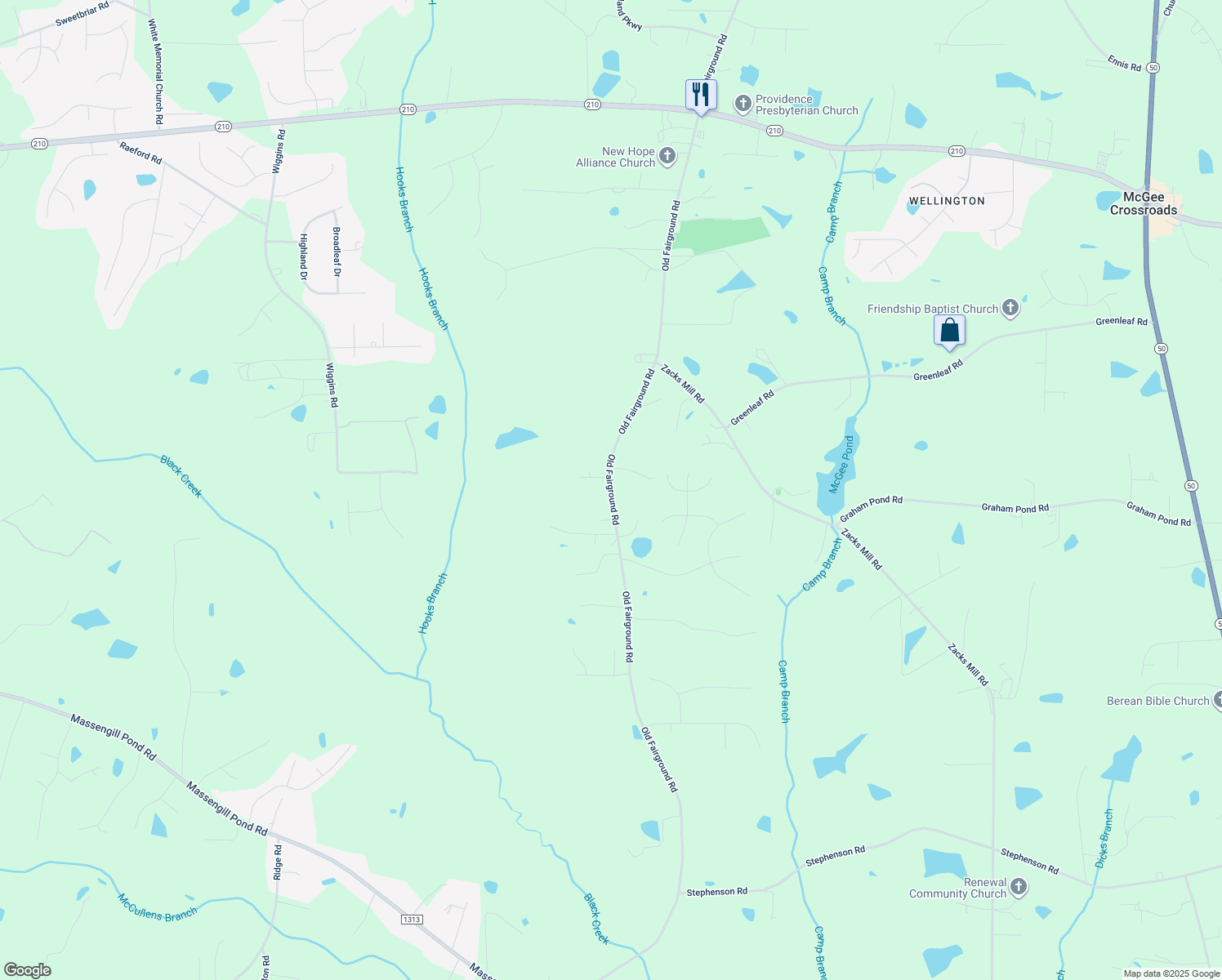 map of restaurants, bars, coffee shops, grocery stores, and more near 3592 Old Fairground Road in Angier