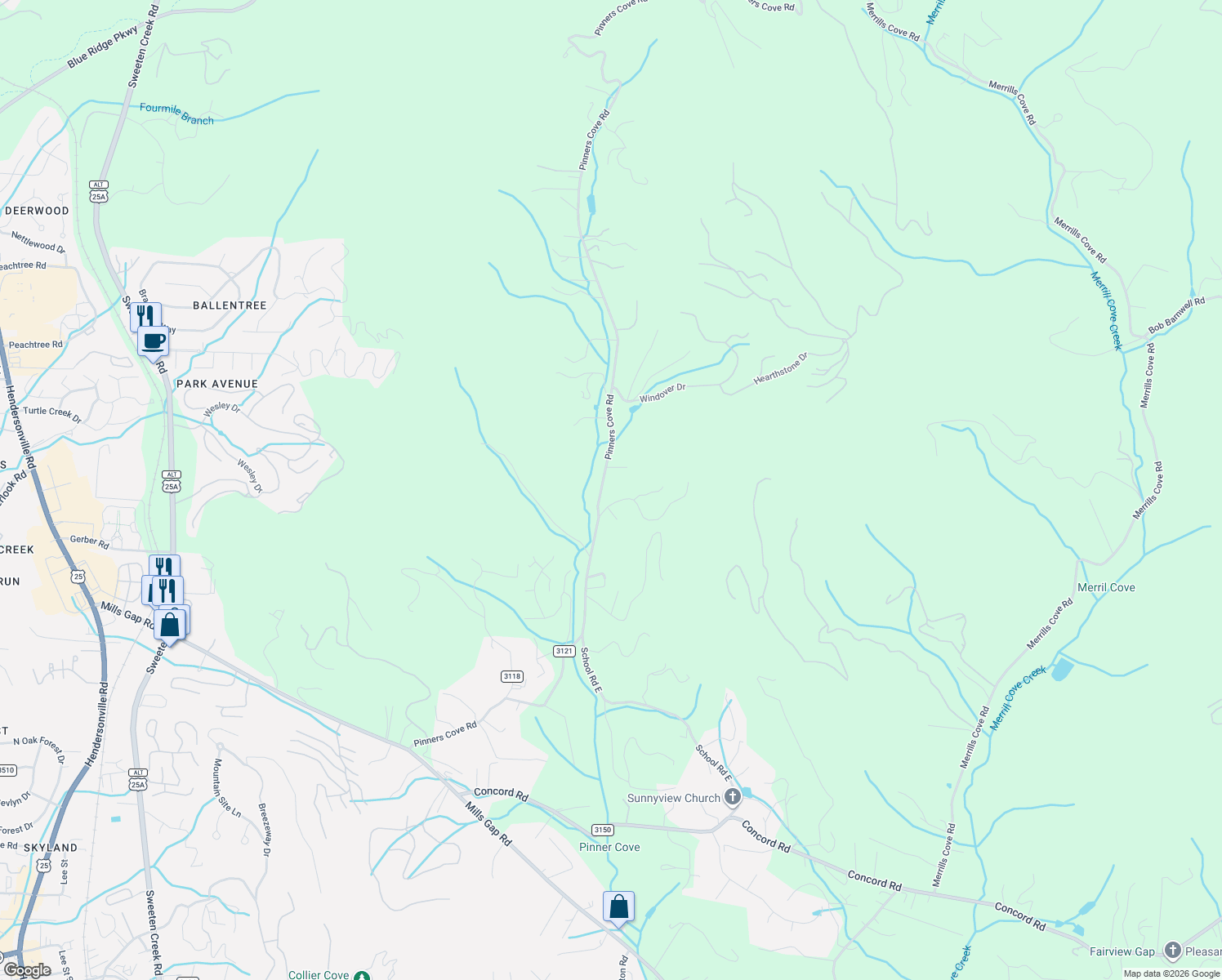 map of restaurants, bars, coffee shops, grocery stores, and more near 243 Pinners Cove Road in Asheville