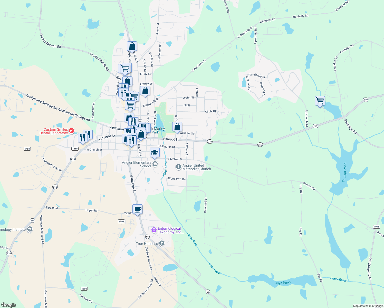 map of restaurants, bars, coffee shops, grocery stores, and more near 122 S Pleasant St in Angier