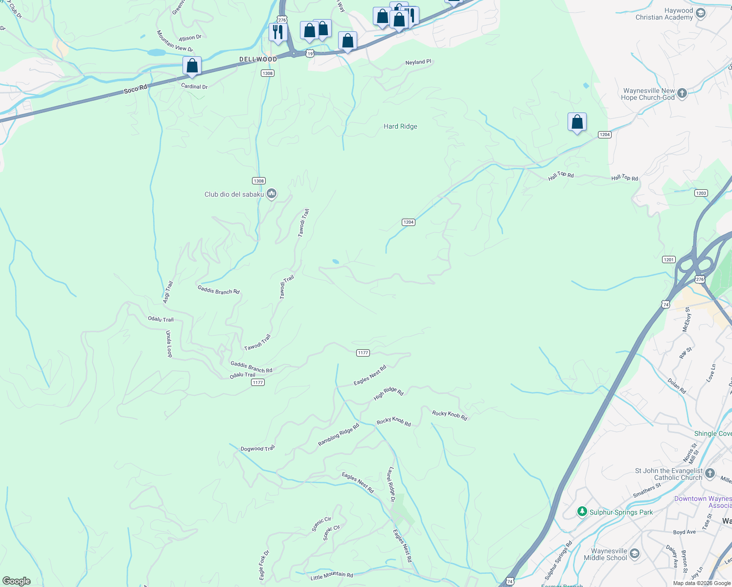map of restaurants, bars, coffee shops, grocery stores, and more near 229 Apple Creek Road in Waynesville